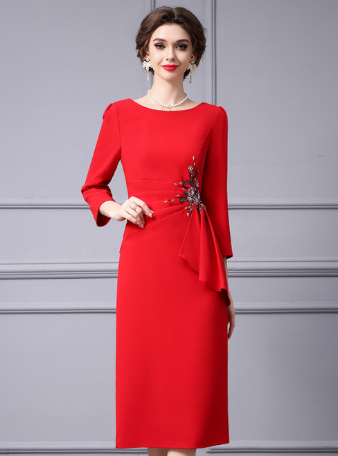 Red Long Sleeve Pleats Beading Mother Of The Bride Dress