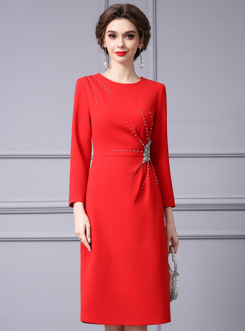 Red Long Sleeve Crystal Mother Of The Bride Dress