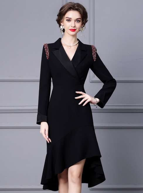 Black V-neck Long Sleeve Beading Mother Of The Bride Dress