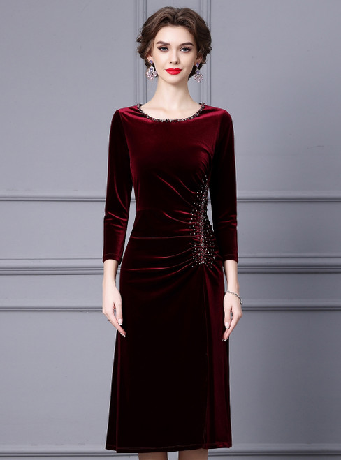 Burgundy Velvet Long Sleeve Beading Pleats Mother Of The Bride Dress