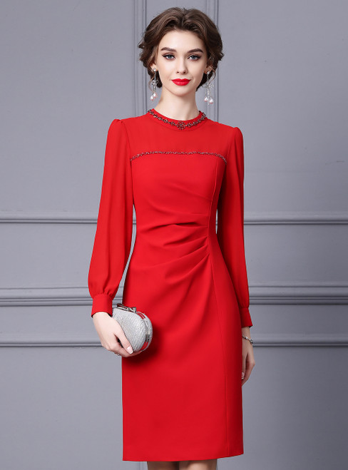 Red Long Sleeve Crystal Short Mother Of The Bride Dress