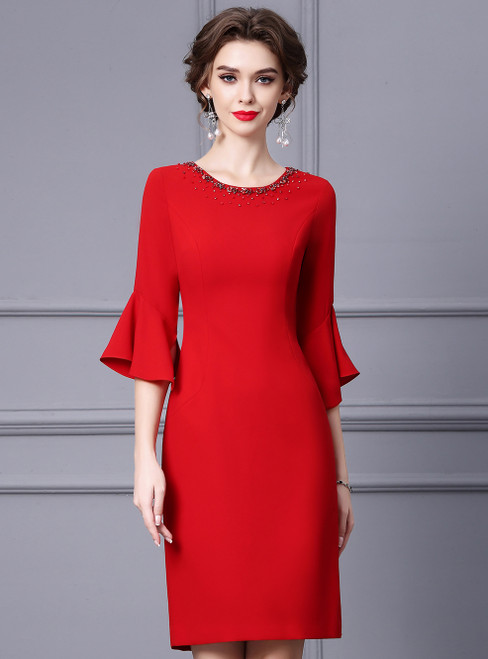 Red Long Lotus Leaf Sleeve Crystal Mother Of The Bride Dress
