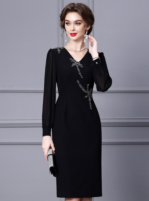 Black Long Sleeve Crystal V-neck Mother Of The Bride Dress