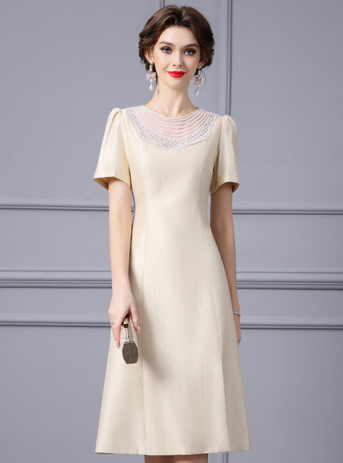 Apricot Short Sleeve Beading Pearls Mother Of The Bride Dress