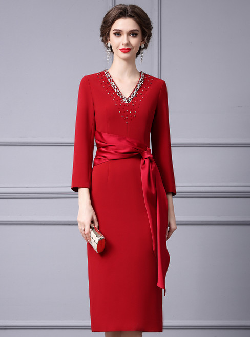 Burgundy Short Sleeve Beading Mother Of The Bride Dress