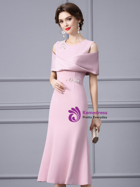 Sparkly Pink Ruffled Mermaid Beaded Long Mother of the Bride Dress with Cape