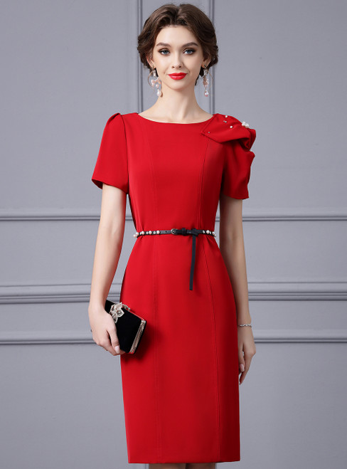 Red Short Sleeve Pearls Mother Of The Bride Dress