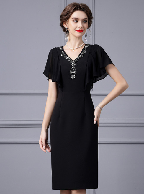 Black V-neck Lotus Leaf Sleeve Crystal Mother Of The Bride Dress