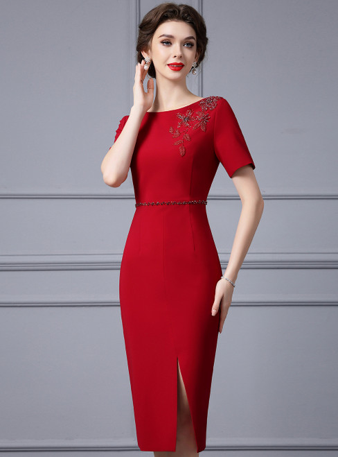 Red Short Sleeve Beading Mother Of the Brides Dress