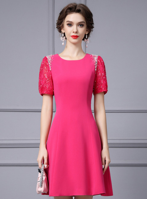 Fuchsia Short Sleeve Pearls Mother Of the Brides Dress