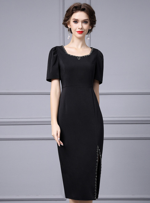 Black Short Sleeve Split Beading Mother Of the Brides Dress