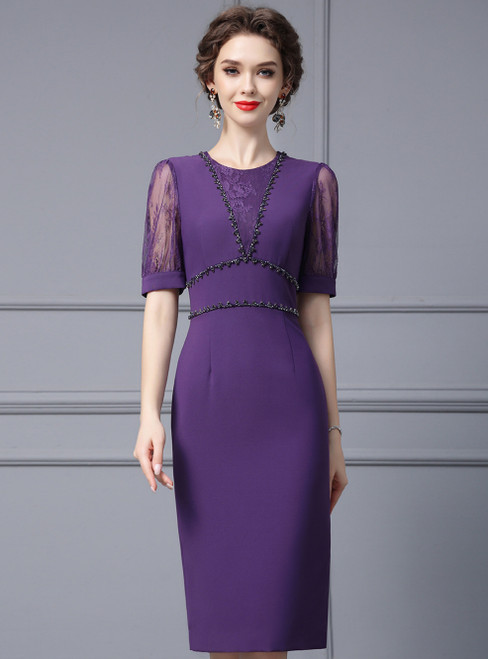 Purple Short Sleeve Lace Beading Mother Of The Bride Dress