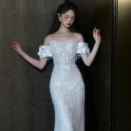 White Mermaid Sequins Strapless Wedding Dress With Train
