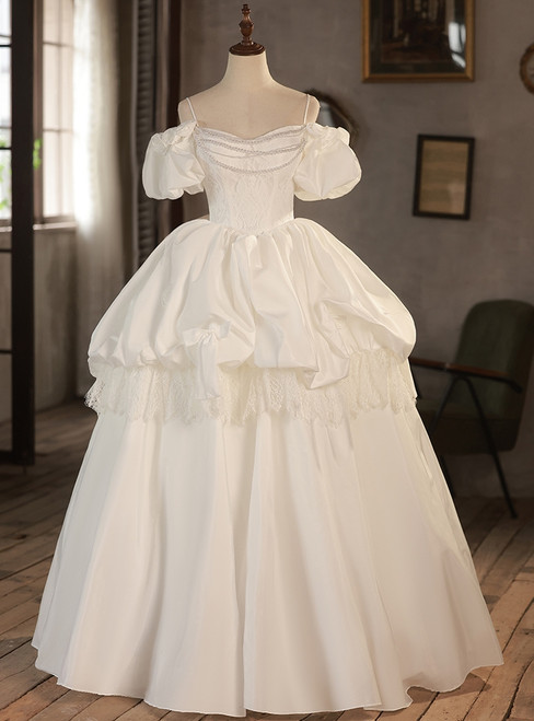 Vintage Satin Lace Puff Sleeve Wedding Dress