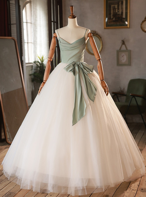 White Tulle Green Satin Spaghetti Straps Wedding Dress