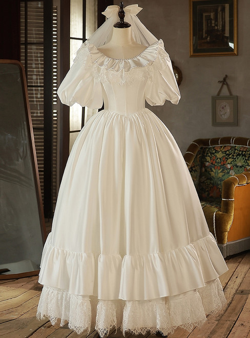 White Satin Lace Puff Sleeve Pearls Wedding Dress