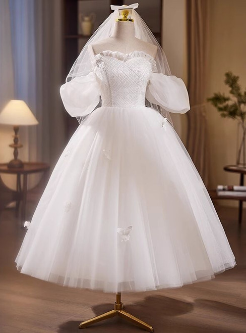 Vintage White Tulle Puff Sleeve Wedding Dress