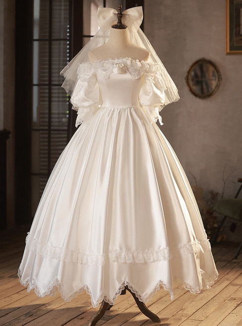 White Satin Lace Off the Shoulder Puff Sleeve Wedding Dress