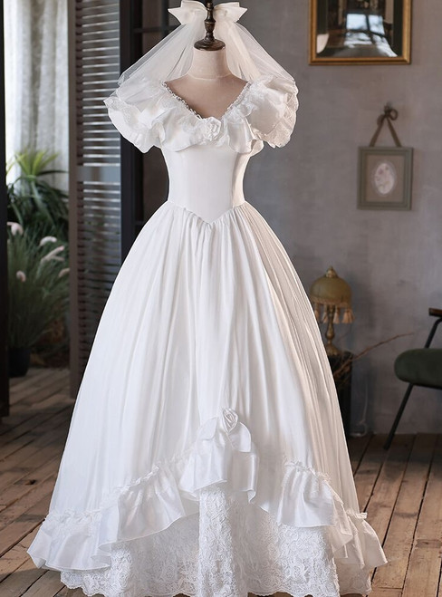 Vintage white satin ball gown wedding dress with off-the-shoulder puff sleeves and V-neckline