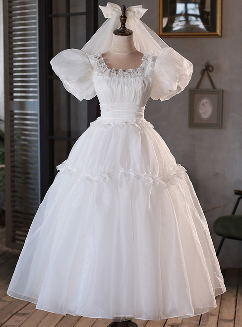 White Tulle Puff Sleeve Pleats Wedding Dress