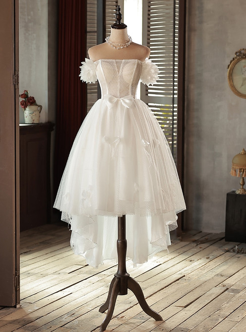 White Hi Lo Tulle Off the Shoulder Wedding Dress