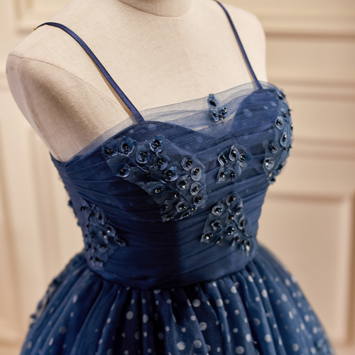 Spaghetti Straps Low Cut Blue Homecoming Dress with Appliques Beading PD198 main image 1