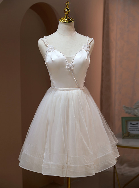 White Tulle Straps Pearls Homecoming Dress