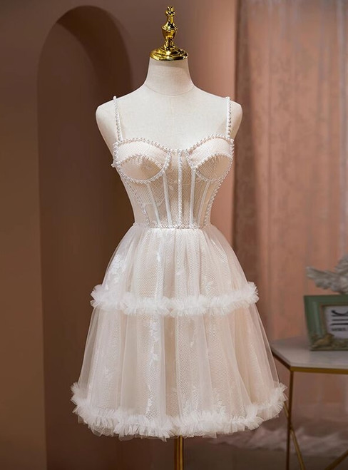 Ivory Tulle Straps Pearls Homecoming Dress