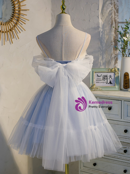New Arrival Spaghetti Straps Blue Tulle A-line Short Ruffles Homecoming Dress UQH0199