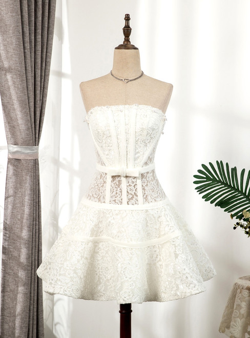 White Lace Strapless Pearls Homecoming Dress