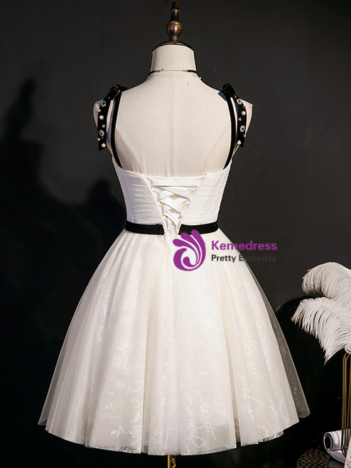 Ivory Tulle with Lace Applique Knee Length Party Dress, Ivory Tulle Homecoming Dress main image 1