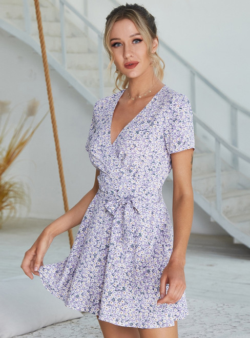 Floral Short-sleeved V-neck Dress