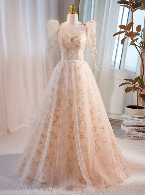 Champagne Tulle Puff Sleeve Prom Dress