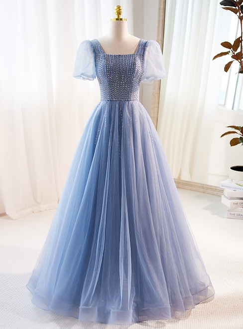 Blue Tulle Square Neck Puff Sleeve Prom Dress