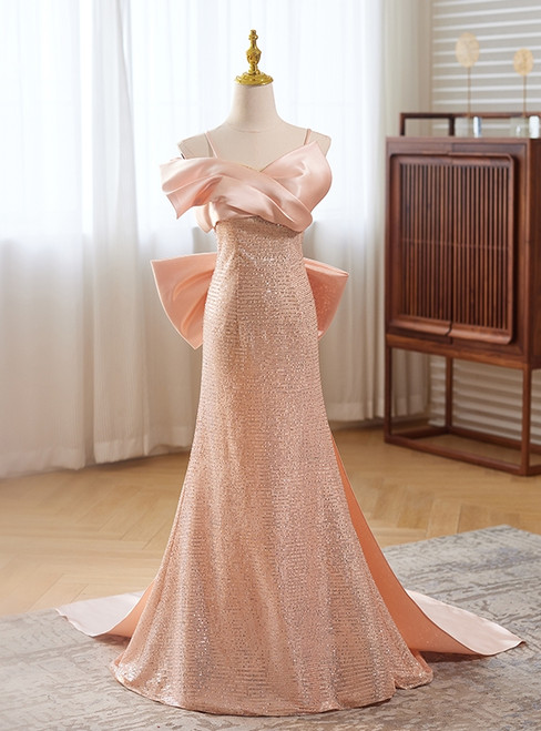 Pink Mermaid Sequins Spaghetti Straps Prom Dress