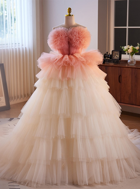 Champagne Tulle Strapless Tiers Prom Dress