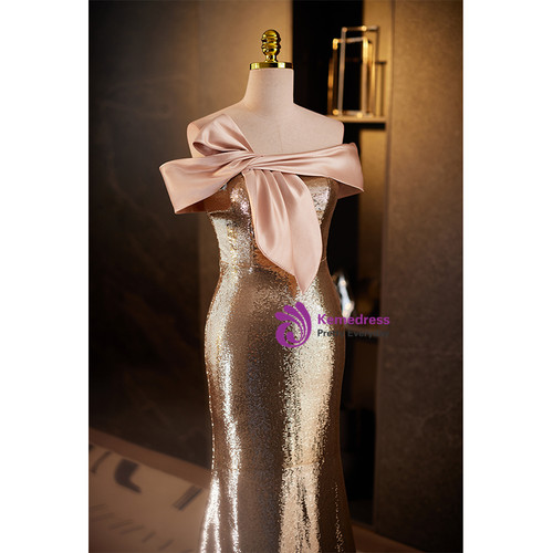 Pretty Mermaid Off The Shoulder Long Champagne Prom Dress Evening Dress Formal Dress main image 0
