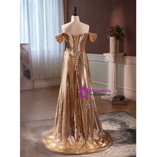 Champagne Sheath Jewel Prom Dresses with Sequins LBQ0058 main image 1
