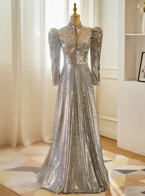 Silver Sequins Long Sleeve High Neck Prom Dress