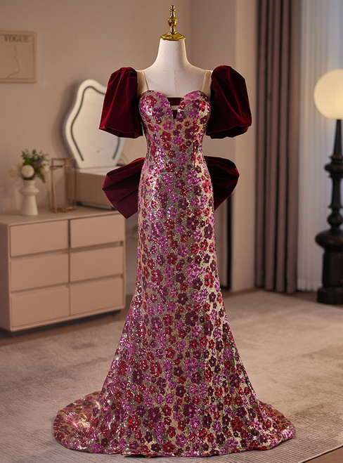 BurgundyMermaid Sequins Puff Sleeve Bow Prom Dress