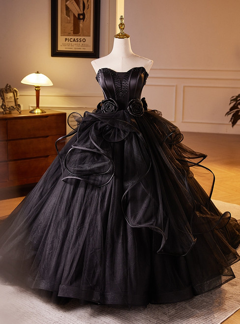 Black Ball Gown Strapless Flower Beading Prom Dress