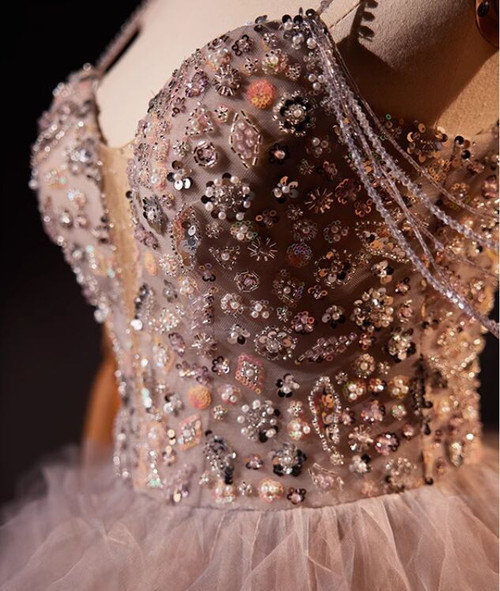 Pink Tulle Spaghetti Straps Pearls Sequins Prom Dress main image 0