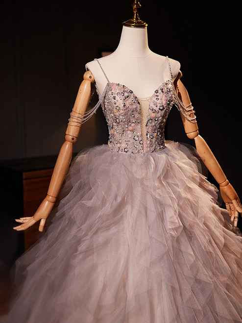 Spaghetti Straps Sequined Silver Gray Tulle Prom Dress with Ruffle main image 0