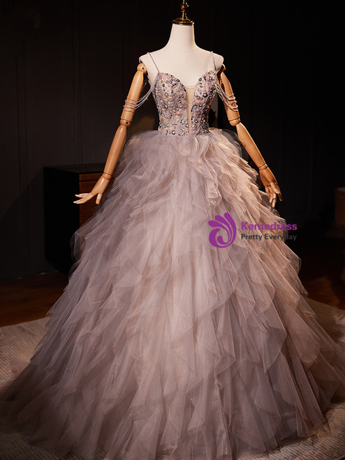 Tulle Sequins Beading Spagehtti Straps Burgundy Prom Dress main image 0