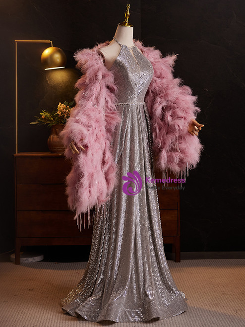 Appliques Beading One Shoulder Silver Satin Prom Dress main image 1