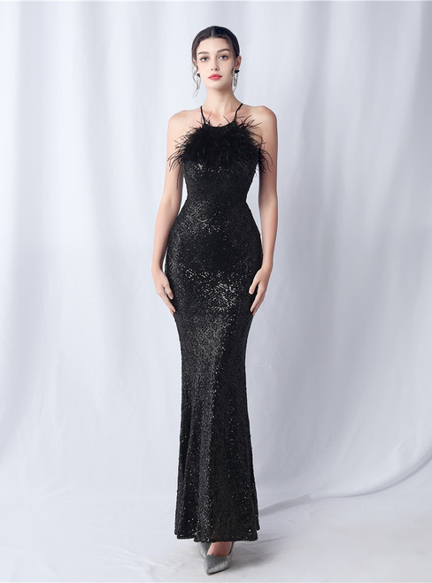 In Stock:Ship in 48 Hours Black Mermaid Halter Sequins Feather Party Dress