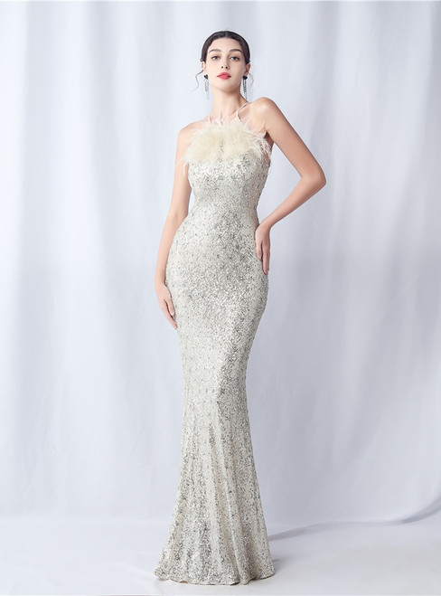 In Stock:Ship in 48 Hours Apricot Silver Mermaid Halter Sequins Feather Party Dress