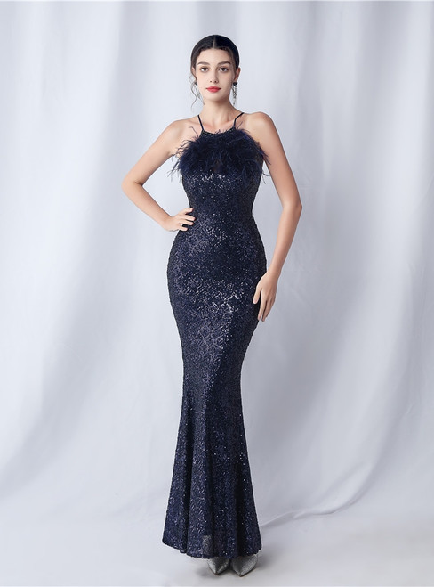 In Stock:Ship in 48 Hours Navy Blue Mermaid Halter Sequins Feather Party Dress