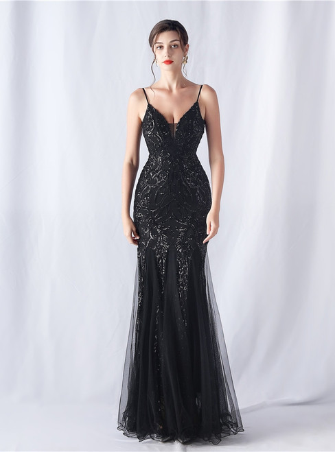 In Stock:Ship in 48 Hours Black Mermaid Tulle Sequins Party Dress