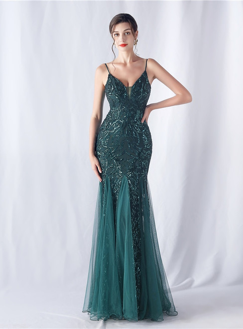In Stock:Ship in 48 Hours Dark Green Mermaid Tulle Sequins Party Dress